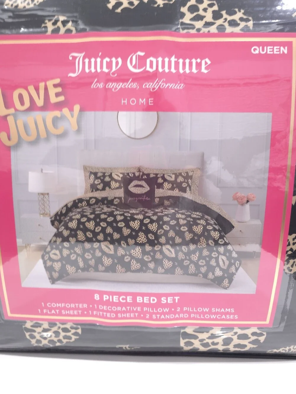 Juicy Couture QUEEN Cheetah Heart Kiss Love 8 piece Comforter and Sheets set New